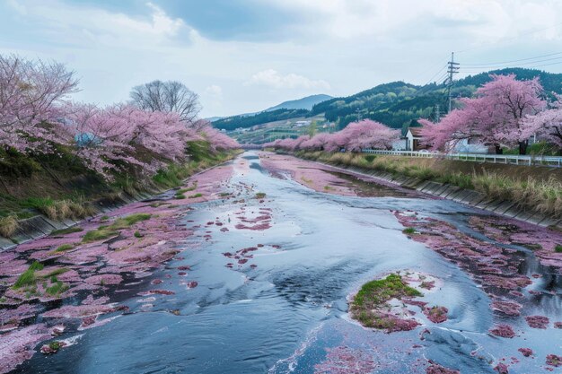 Cherry blossom in the Spring appears over the Kannonji River in Kawageta of Fukushima in Japan