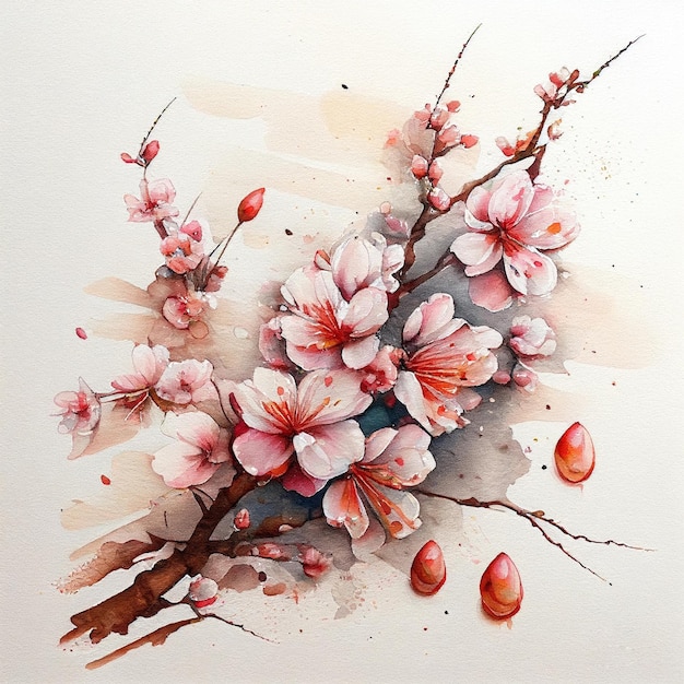 Фото Вишневый цвет весенние цветы акварельные иллюстрации ветка и цветы