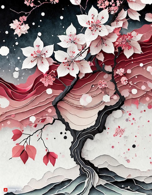 a cherry blossom tree alcohol ink flowers vines and snow falling background