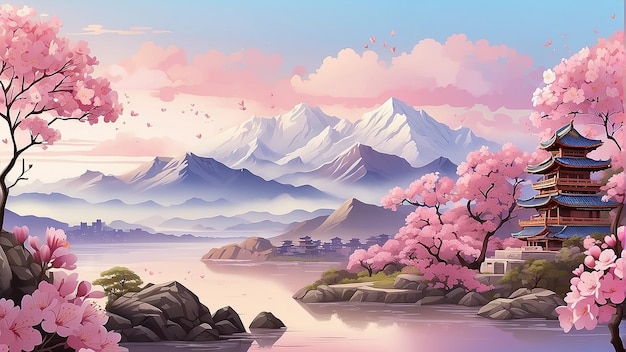 Photo a cherry blossom tree in front of a mountain range with a lake in the foreground