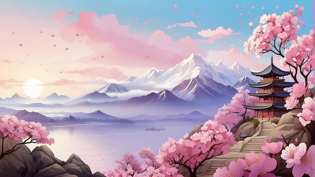 Photo a cherry blossom tree in front of a mountain range with a lake in the foreground