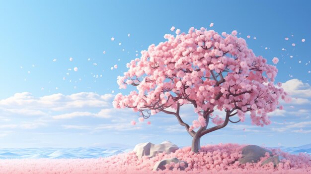 Вишневое дерево в полном цвету на фоне ясного голубого неба