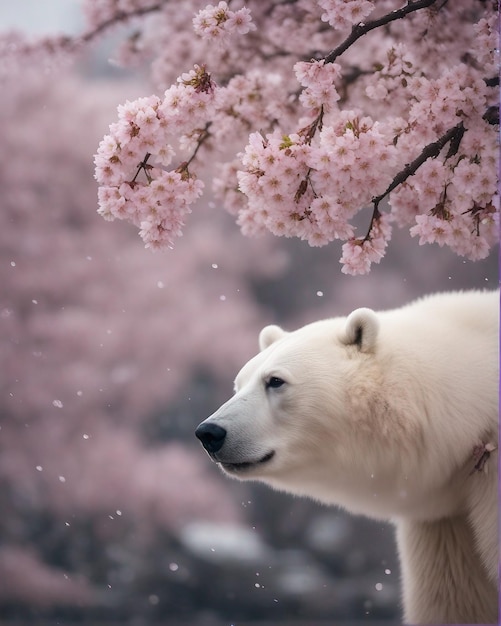 A cherry blossom tree in full bloom amidst an arctic tundra showering petals on a polar bear