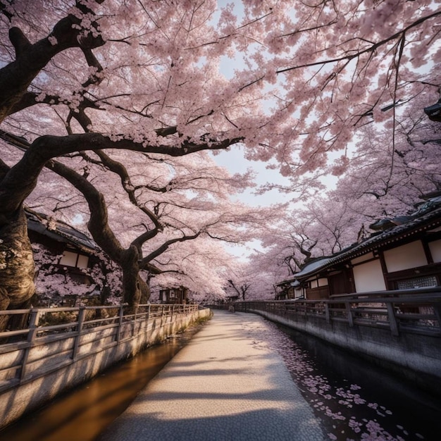 a cherry blossom tree is shown in the background