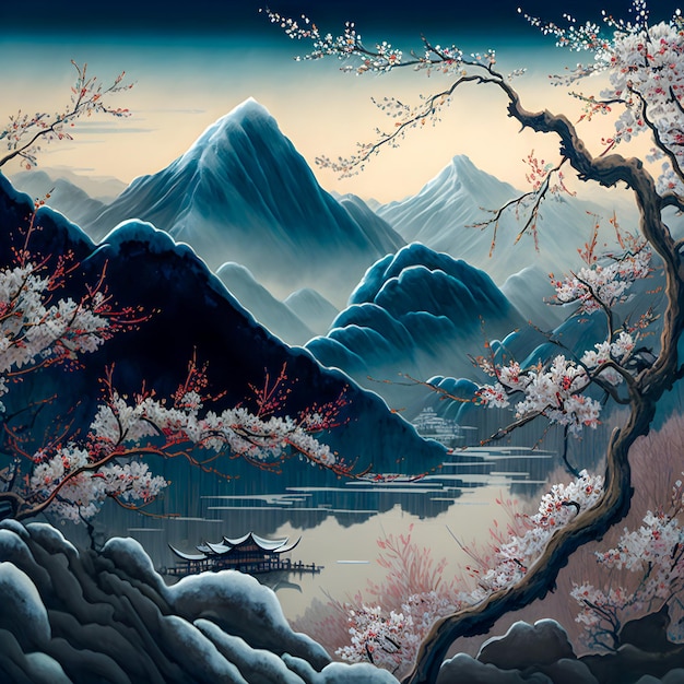 Cherry blossom tree landscape over the mountain