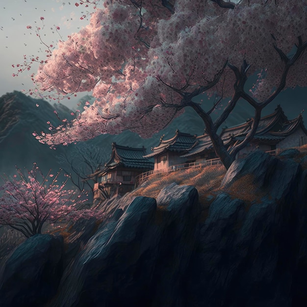 Cherry Blossom Tree Near A House By A Cliff