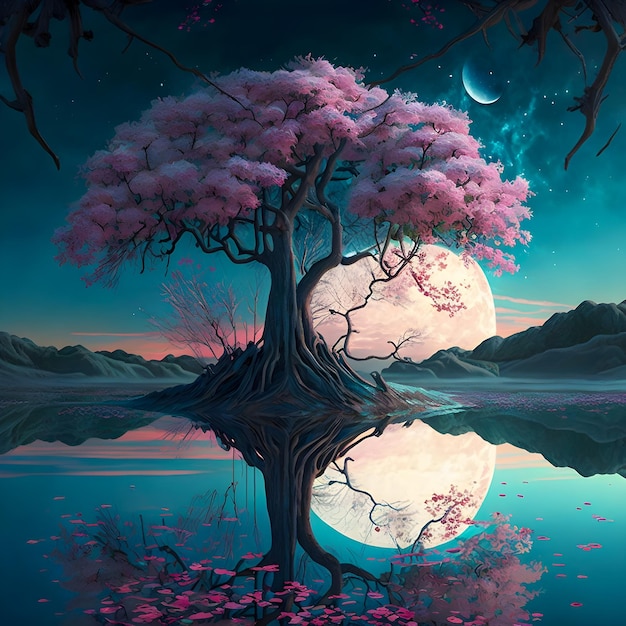 Cherry blossom tree over a reflective body of water illustration