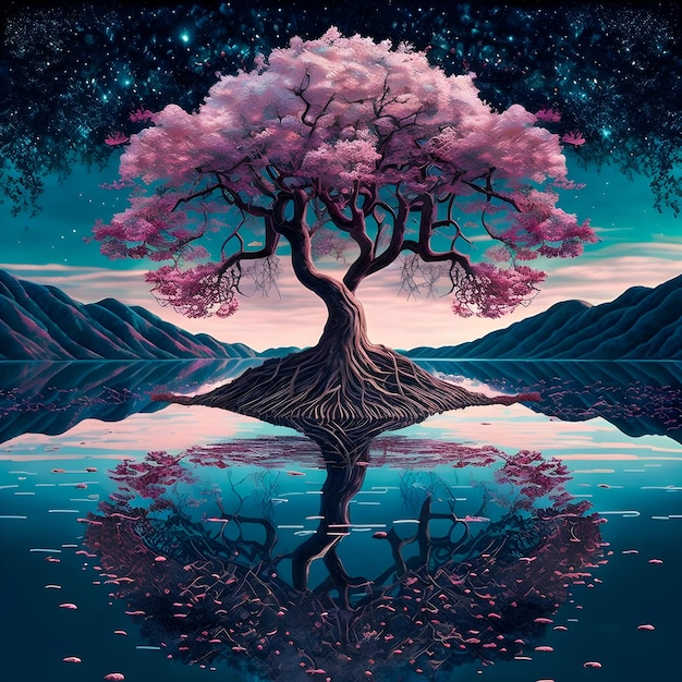 Cherry blossom tree over a reflective body of water illustration