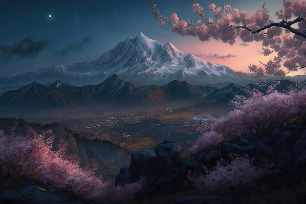 Cherry blossom tree set against a mountainous backdrop with the delicate pink petals of the blossoms contrasting with the rugged and majestic landscape Generative AI