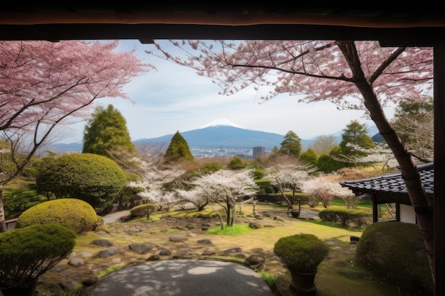 生成 AI で作成した、遠くの山を望む庭に咲く桜の木