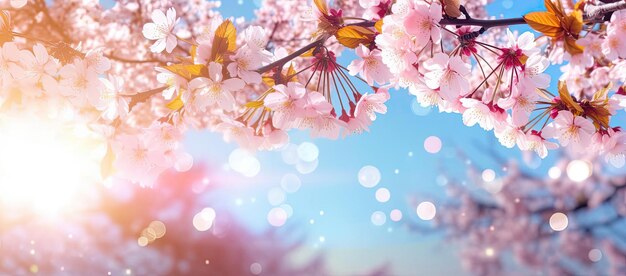 cherry blossom trees on blue sky background