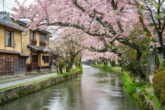 Photo cherry blossom trees line kyoka no michi street in kanazawa