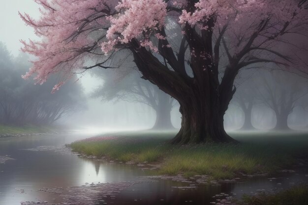 Cherry blossom trees in the misty forest with a pond generated by ai