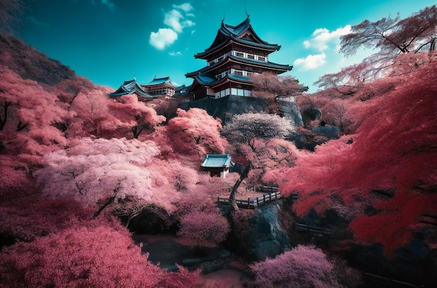 Cherry blossom trees and a red castle in japan