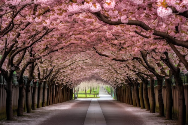 A cherry blossom tunnel with blooming trees arching overhead created with generative ai