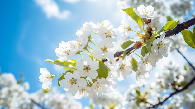 Cherry blossom white flowers on tree branch