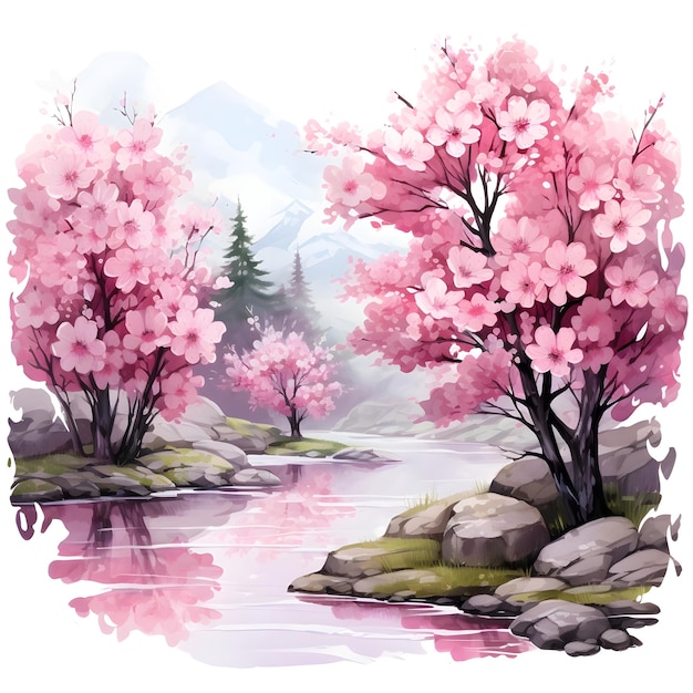 Cherry blossom with mountain background Watercolor painting isolated on white background