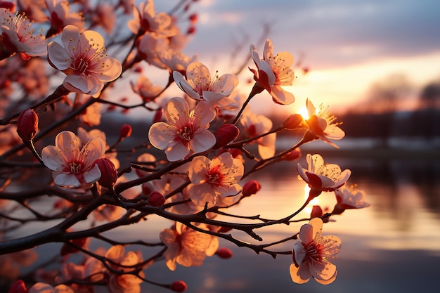 Cherry blossoms against a golden hour sky