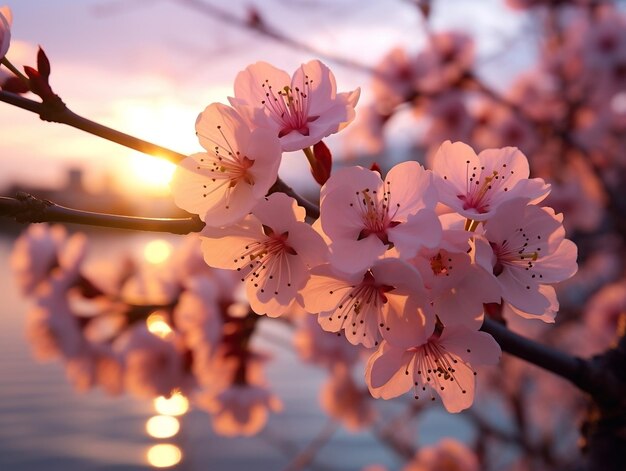 Cherry blossoms against a sunset background