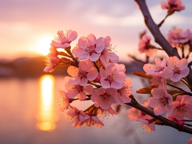 Cherry blossoms against a sunset background