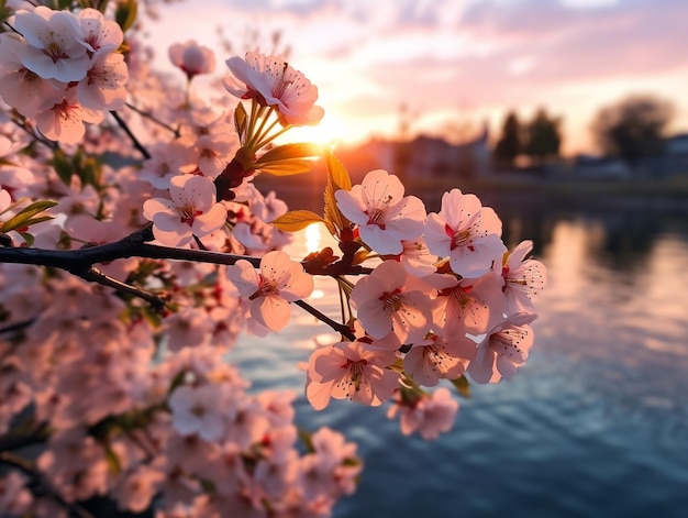 Cherry blossoms against a sunset background