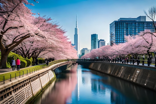 Cherry blossoms along the river in tokyo