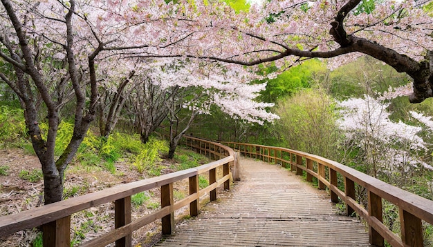 写真 桜の花と森のある木の歩道