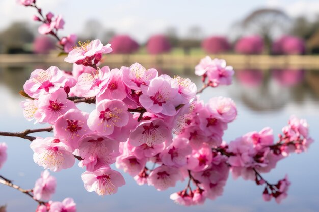 cherry blossoms in bloom by a lake