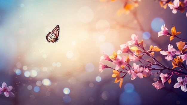 晴れやかな空の下で桜が咲き、きらめく光の中で一匹の蝶が舞う