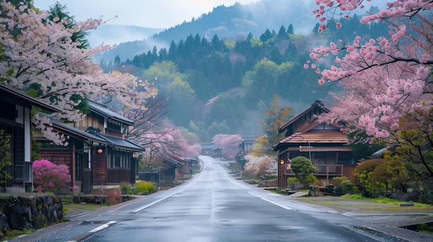 cherry blossoms blooming on the edge of a clean Japanese rural road with traditional houses