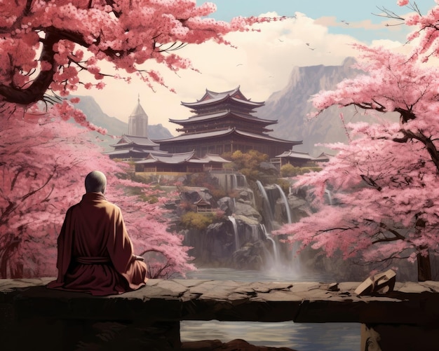 Cherry blossoms blooming and monks meditating peacefully