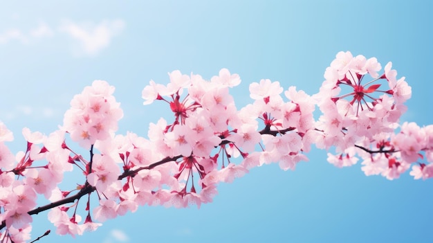 Cherry blossoms on blue sky background pink color toned