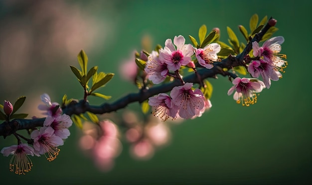 Cherry Blossoms on Blurred Green Background Spring Theme