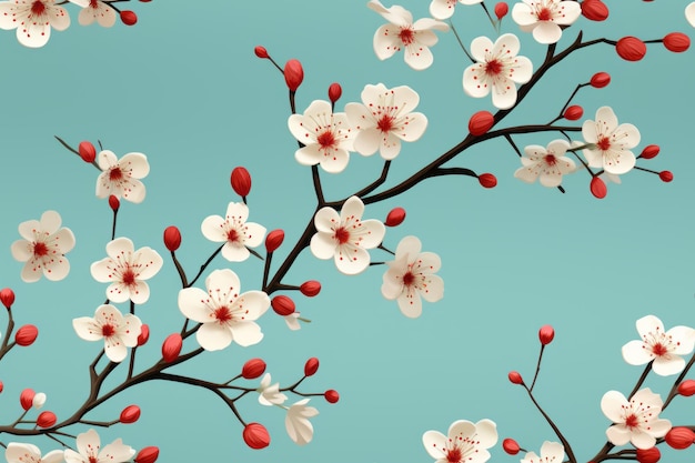 cherry blossoms on a branch with leaves and red berries