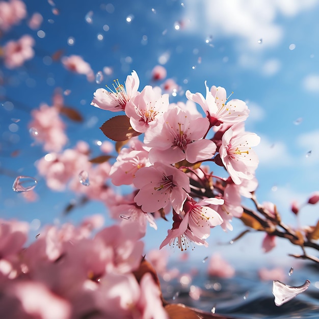 Cherry blossoms falling against a blue sky pastel hues and f hyper realistic illustration photo art
