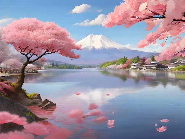 Cherry blossoms and Fuji mountain in spring beautiful Japanese landscape with lake