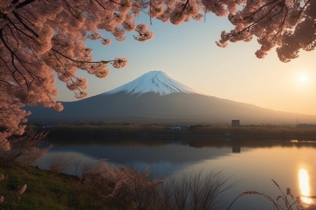 Cherry blossoms and fuji mountain in spring at sunrise shizuoka in japan