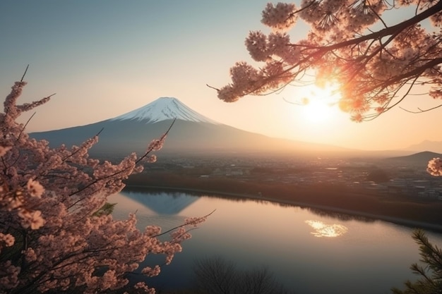 桜の花と富士山の春の日の出 日本の静岡