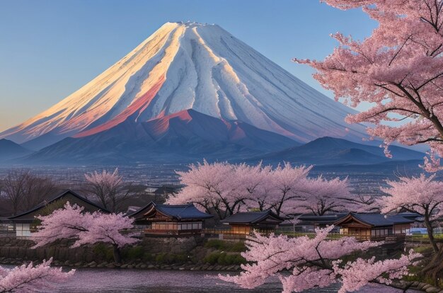 Photo cherry blossoms and fuji mountain in spring at sunrise