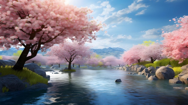 Cherry blossoms in full bloom along a peaceful riverbank