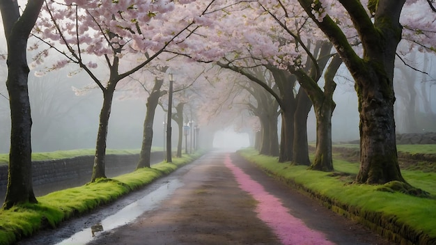 Cherry blossoms in full bloom along a road in the fog