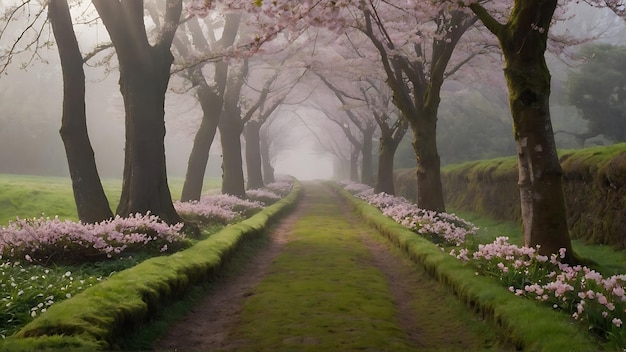 Cherry blossoms in full bloom along a road in the fog