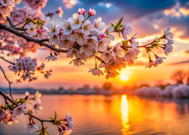 Cherry Blossoms in Full Bloom by a Lake at Sunset