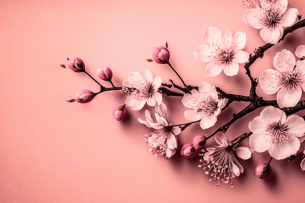 cherry blossoms in full bloom on a pink background copy space