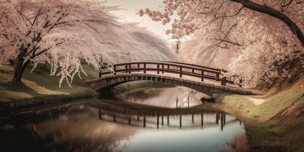 Cherry blossoms in full bloom over a tranquil river flow