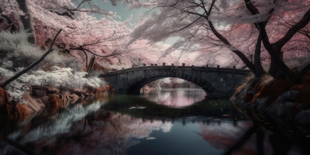 Cherry blossoms in full bloom over a tranquil river flow