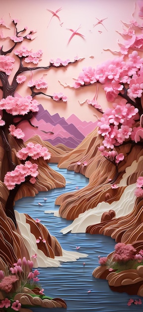 Cherry blossoms and mountains in spring season Japanese paper art style