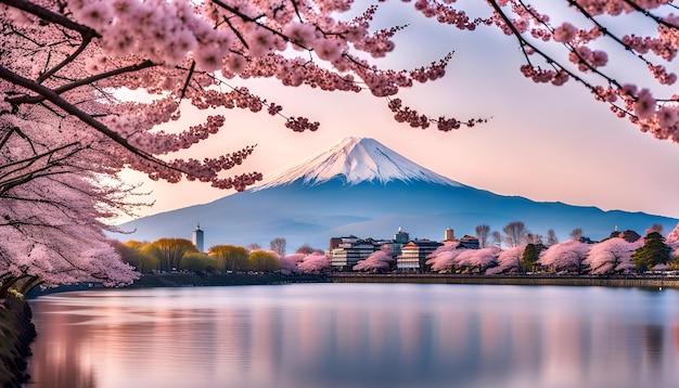 写真 桜の花か ⁇ 朝の川のサクラと富士山