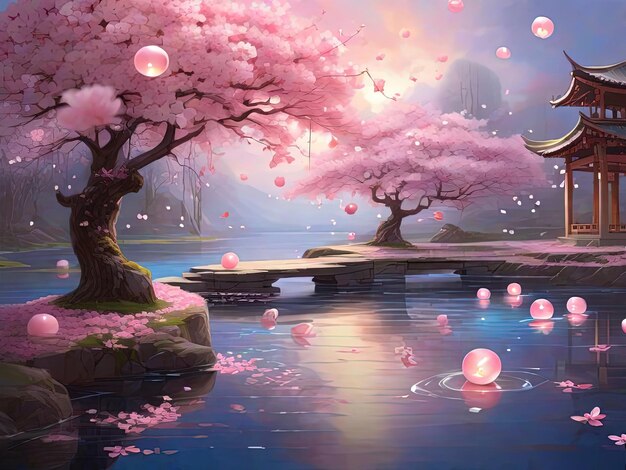 Cherry blossoms and pagoda in spring digital painting