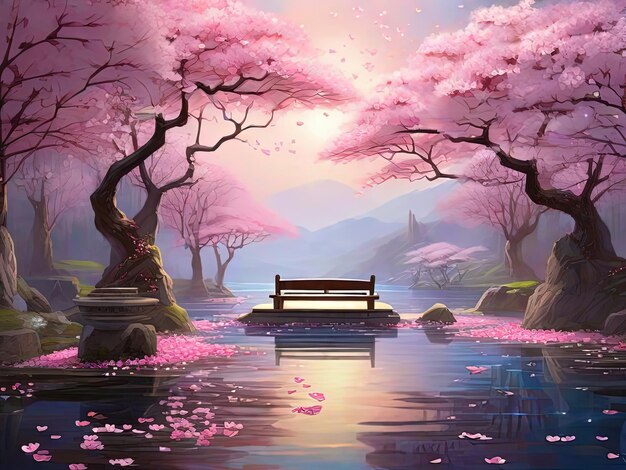 Cherry blossoms and pagoda in spring digital painting